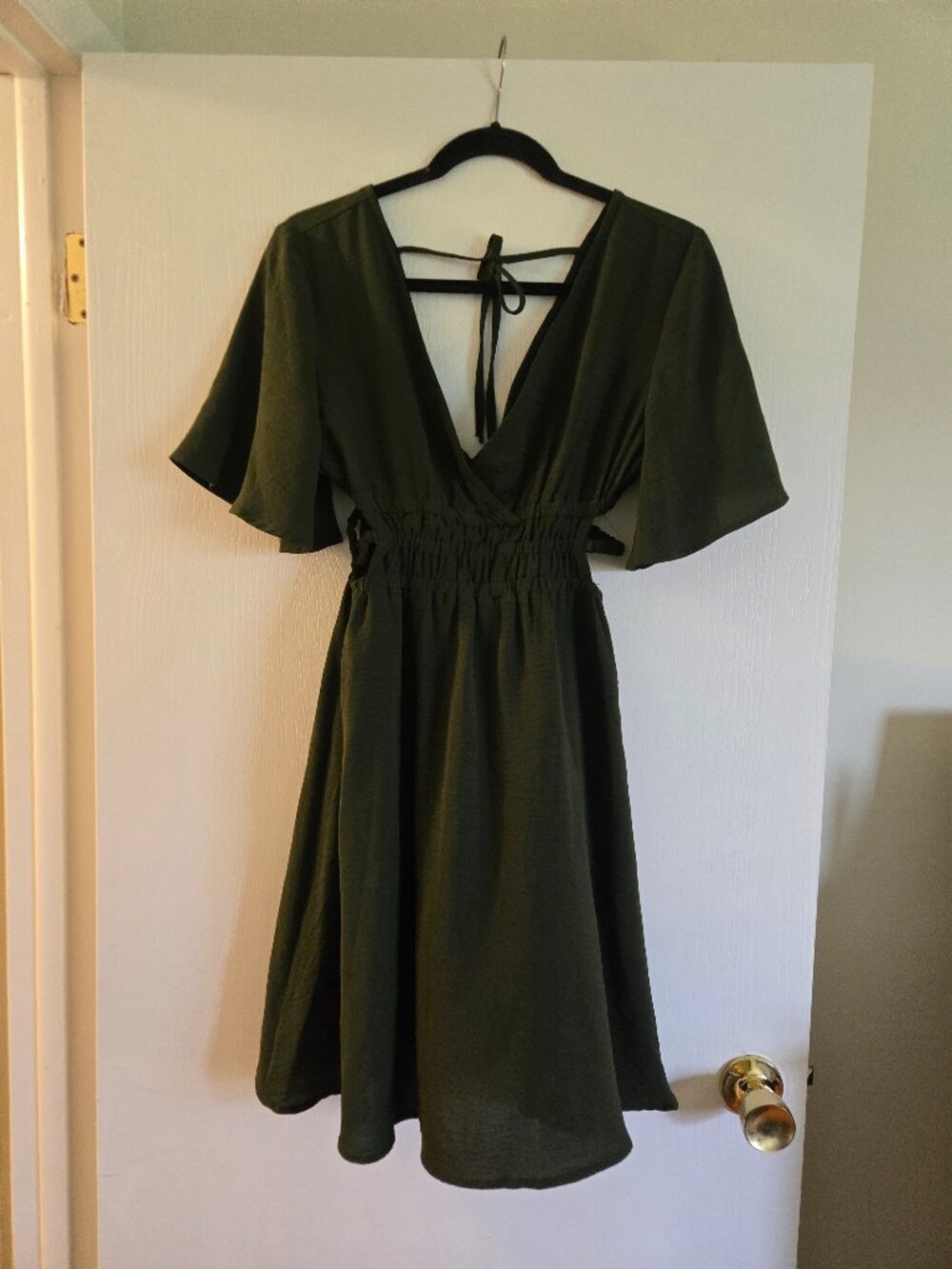 Olive Green V-Neck Cutout Smocked Waist Mini Dress